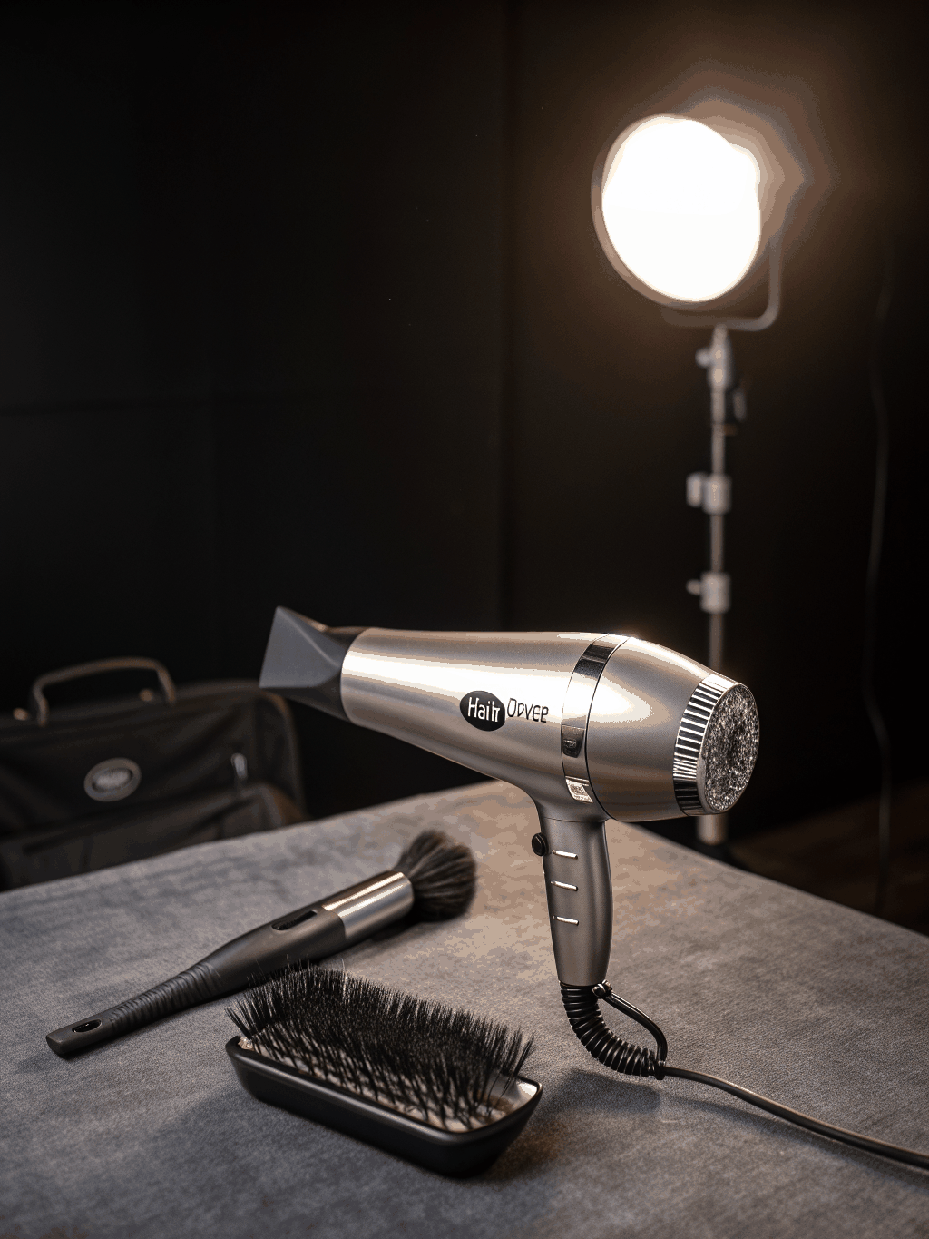 Professional hair dryers, styling brushes, and ceramic hair tools display