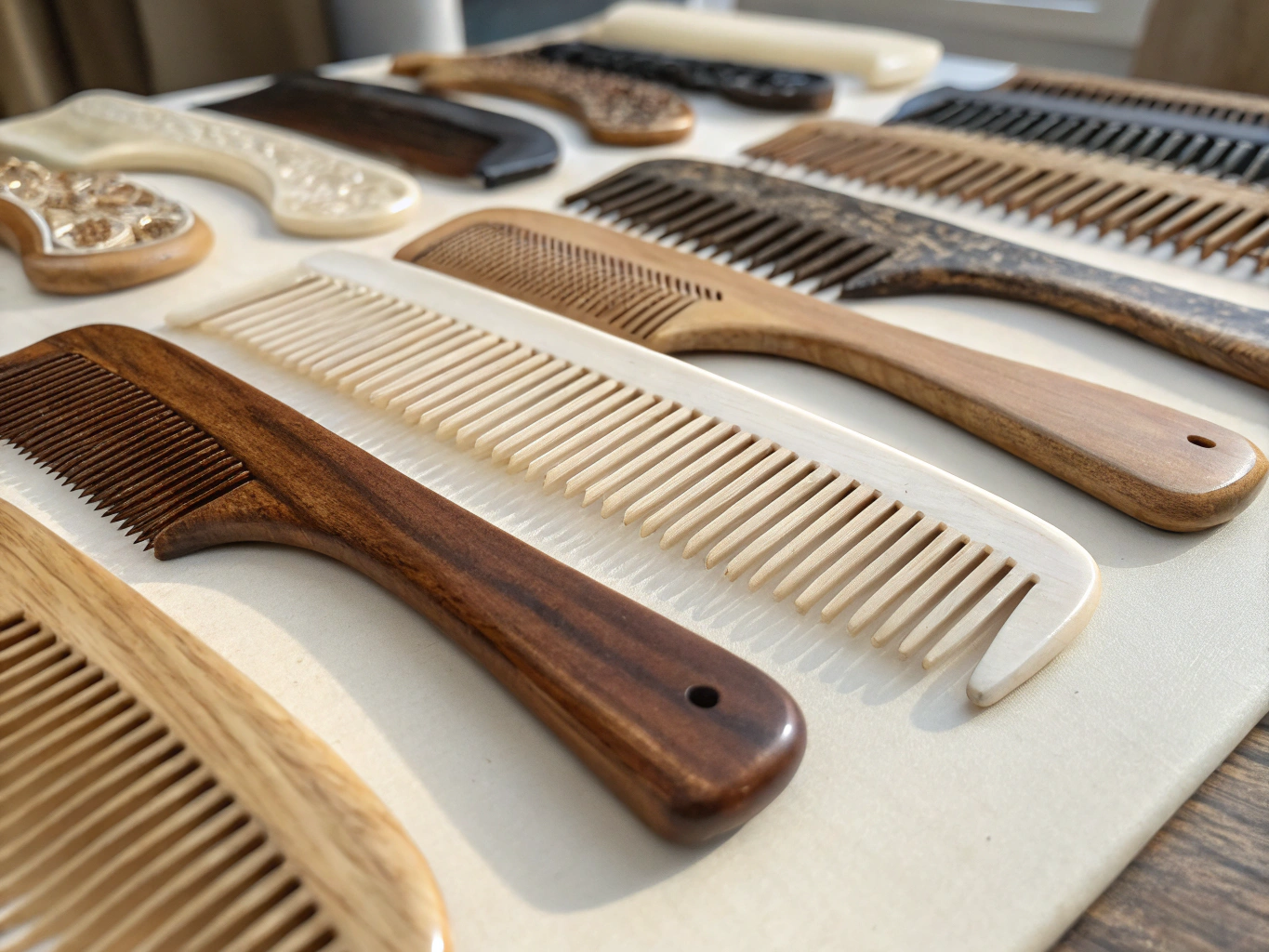 Professional heat-resistant precision styling combs on neutral background