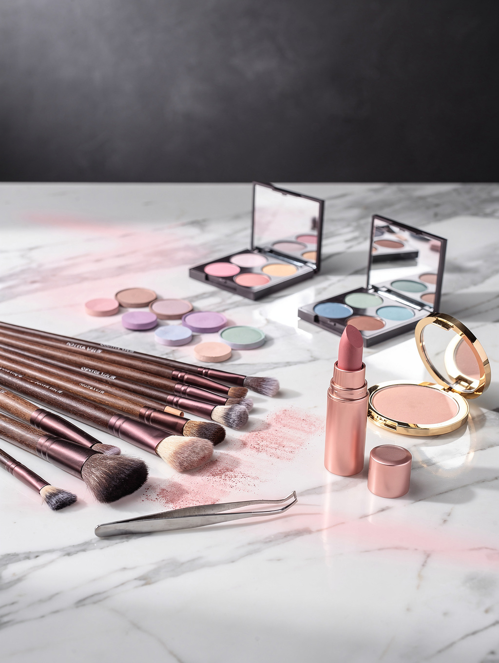 Curated beauty tools and makeup vanity setup